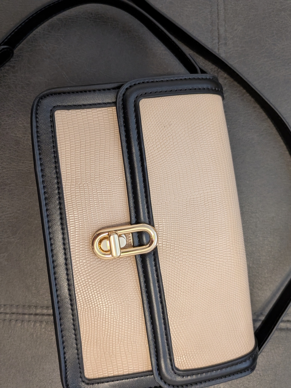 Beige and Black Crossbody Shoulder Bag with Gold Hardware